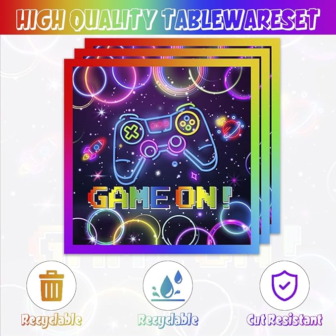 40pcs Video Game Party Supplies Video Game Plates and Napkins for Kids Boys Girls Neon Video Game On Birthday Party Favors Supplies