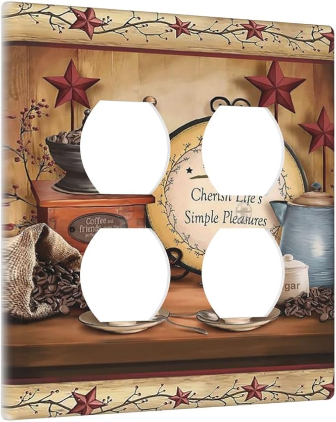 Kitchen Coffee Beans Cafe Country Cottage Lodge Hotel Life Texas Star Dining 2-Gang Device Duplex Wall Plate, Decorative Two Gang Double Duplex Receptacle Socket Outlet and Light Switch Cover Plate