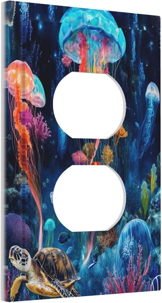 Jellyfish Sea Turtle Fantasy Ocean Coral Underwater World Outlet Covers 1 Gang Duplex Light Switch Cover Decorative Switch Plates Electrical Receptacle Faceplate Wall Plate for Nursery Kids Room Decor