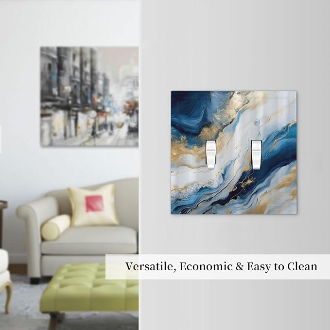 Abstract Blue Granite Luxury Watercolor Marble Texture Print Double Toggle Light Switch Covers Decorative Unique 2 Gang Wall Plate Dual Electrical Faceplate Switchplate for Kitchen Bathroom Decor
