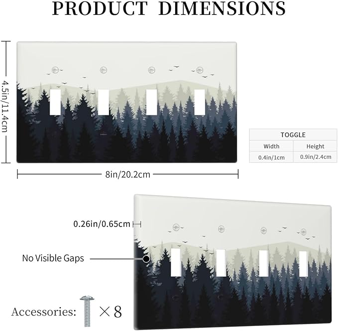 Light Switch Covers Forest Pine Tree Mountains Black Bird Quad Toggle Electrical Faceplate 4 Gang Wall Plate Decorative Switch Plates For Bed Room Farmhouse Decor