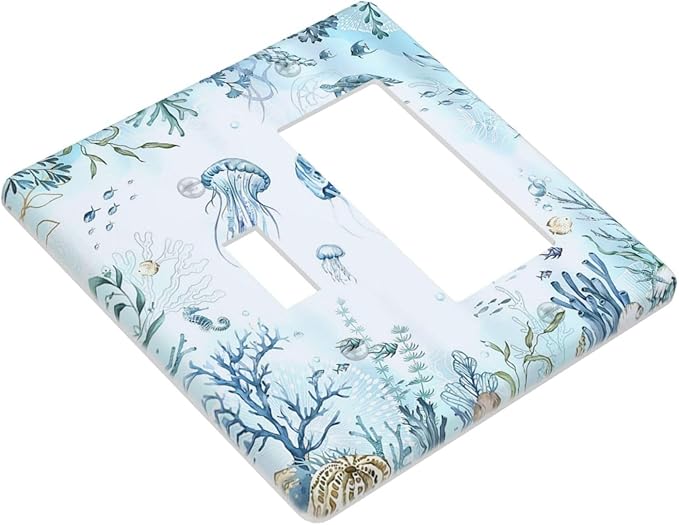 Outlet Covers Jellyfish Teal Blue Ocean Turtle Coastal Beach 1 Toggle 1 Rocker Combination Decorative Wall Plate Light Switch Cover Plate Electrical Switch Plates for Bedroom Bathroom Decor