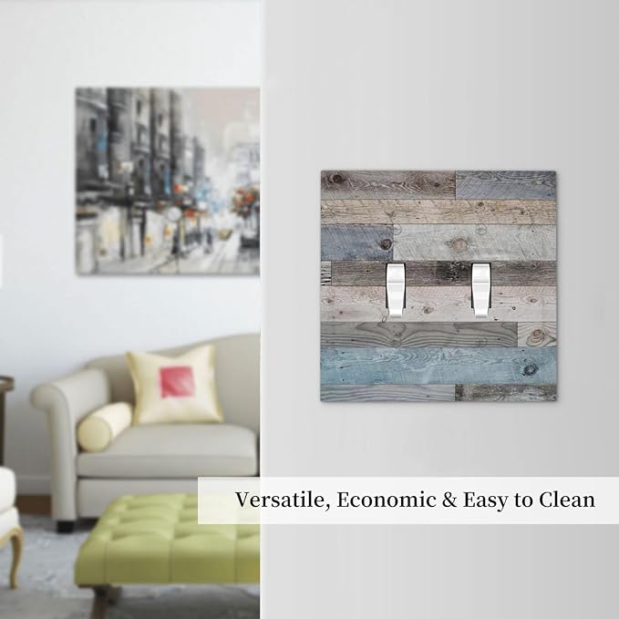Western kitchen Teal Blue Wood Old Garage Style Decorative Double Toggle Light Switch Covers Retro Rustic Country Farmhouse Barn Electrical 2-Gang Receptacle Outlet Face Wall Plate Cover Jumbo Size