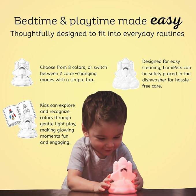 Lumipets Space Rocket LED Baby Night Light, Cordless, Touch Control, Soft Silicone Material, 8 Lulling Colors, Portable