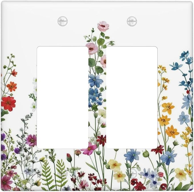 Outlet Covers Colorful Wildflowers Plants Flowers on White Background 2 Gang Light Switch Cover Plate Double Rocker Switch plate Covers Decorative Wall Plates Electrical GFCI Receptacle for Home Decor