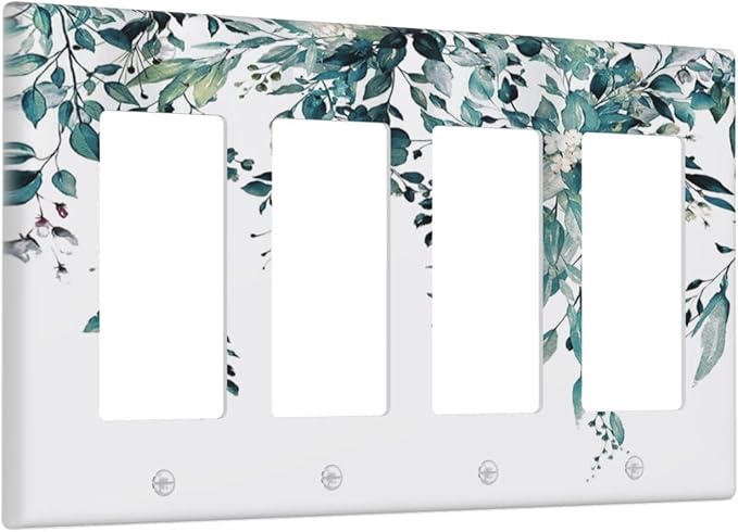 Decorative Outlet Covers Green Eucalyptus Boho Olive Leaves Country 4 Gang Wall Plate Cover Quad Rocker Decora Light Switch Covers Plate Jumbo Electrical GFCI Switch Plate Cover