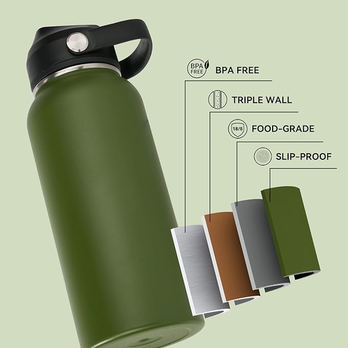 Fijinhom 32oz Insulated Stainless Steel Water Bottle, Wide Mouth Double Wall Vacuum, Silicone Straw, Sweat & Leak Proof, BPA Free Insulated Water Flask for Travel, Keep Cold 24h Hot 12h, Green