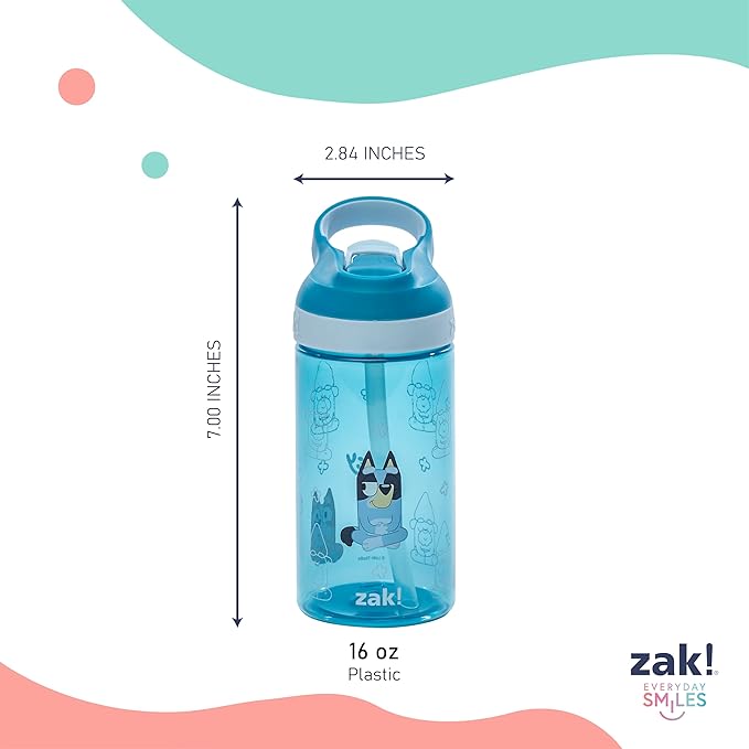 Zak Designs Bluey Atlantic Kids Water Bottle For School or Travel, 16oz Durable Plastic Water Bottle With Straw, Handle, and Leak-Proof, Pop-Up Spout Cover, 2-Pack (Bluey, Bingo)