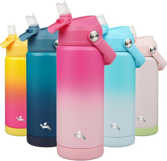 Konokyo Insulated Water Bottle with Straw Lid,18 oz Stainless Steel Vacuum Metal Bottle with Silicone Handle,Cherry Blossom