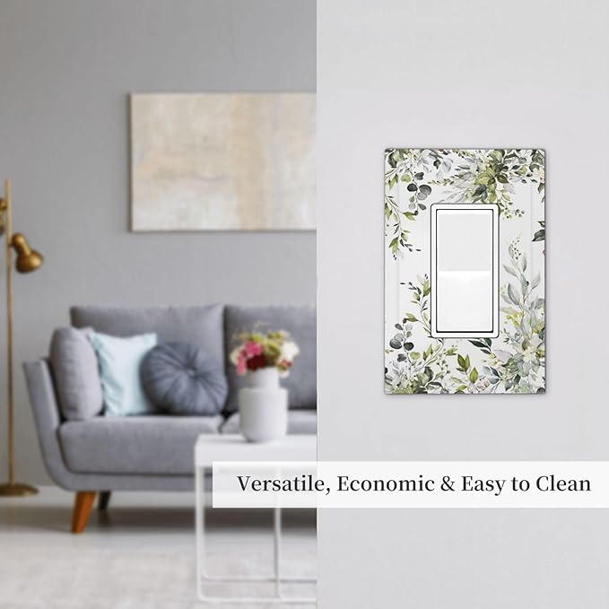 Eucalyptus Sage Green Leaf Plant Floral Decorative Outlet Covers 1 Gang Single Rocker Light Switch Cover Plate Wall Plates GFCI Faceplate for Bedroom Living Room Decor
