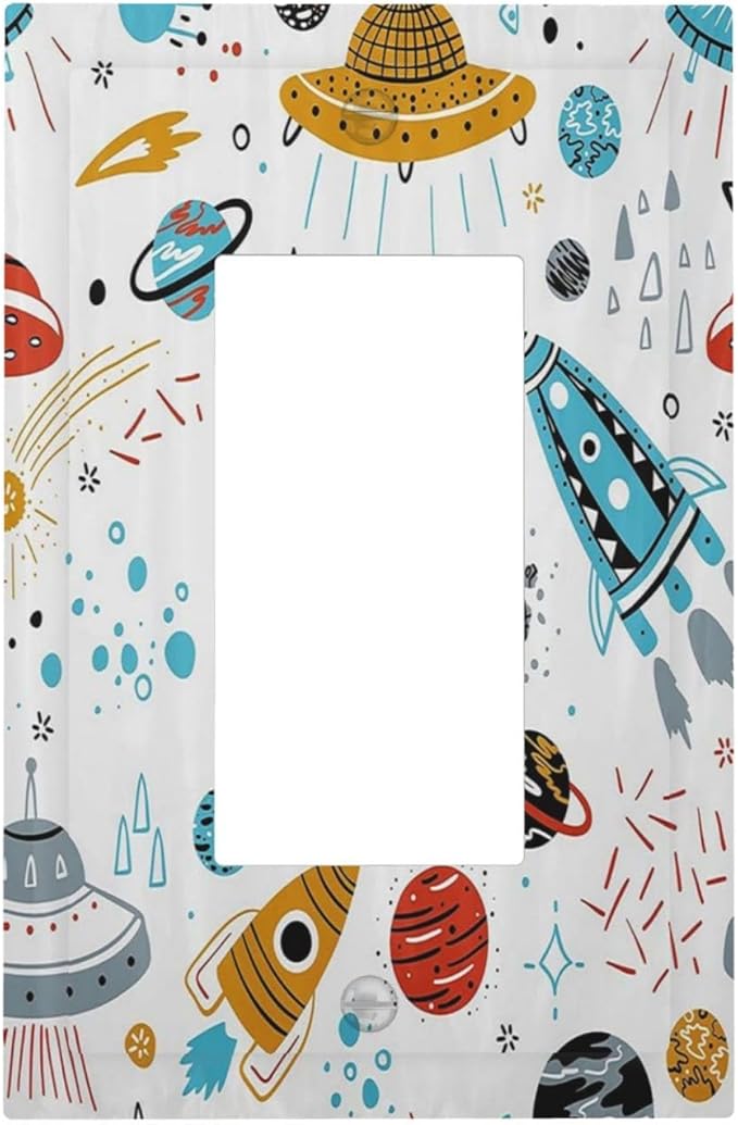 Cartoon Space Rocket Boys Universe Planet 1 Gang Rocker Light Switch Covers Decorative Unique Single Decora Outlet Wall Plate Faceplate Switchplate GFCI for Nursery Kidroom Bedroom Decor