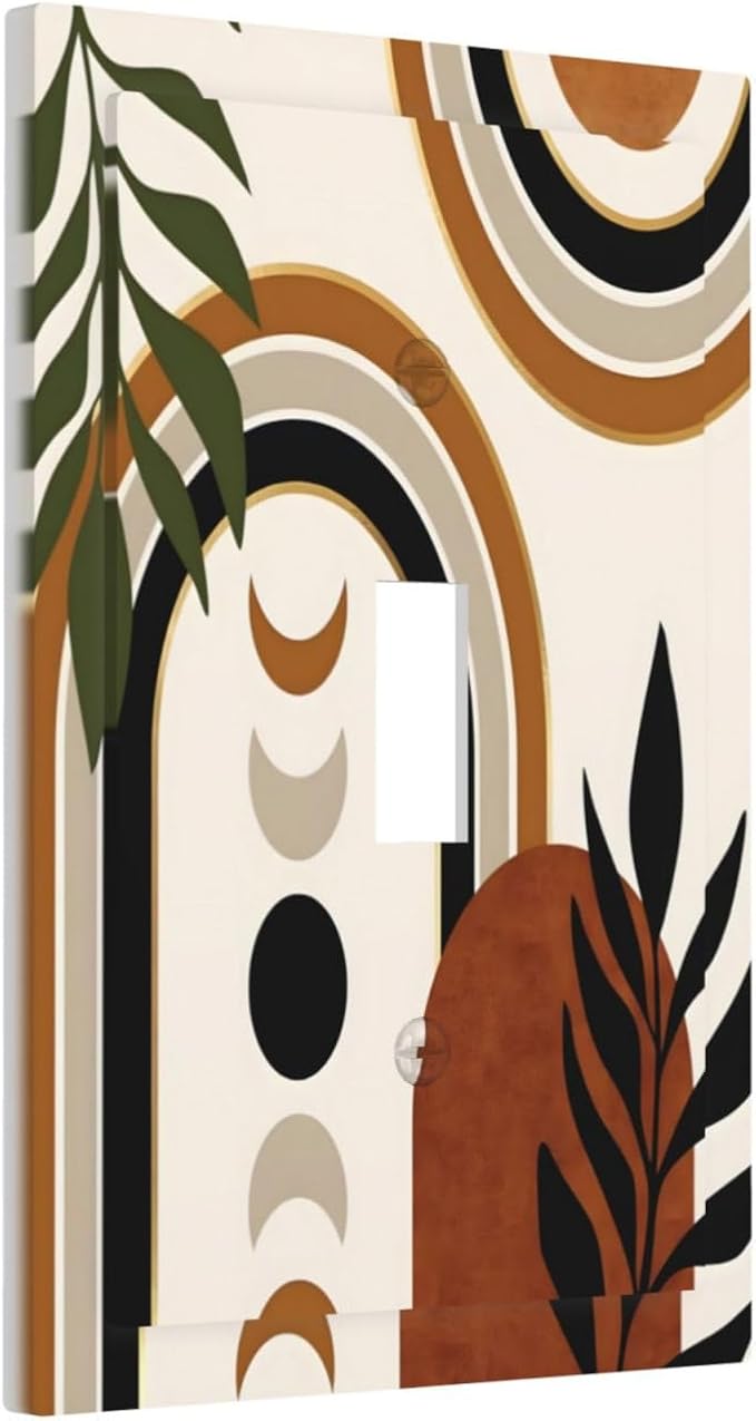 Boho Mid Century Arch Plant Leaves Sun Moon Decorative Light Switch Cover 1 Gang Single Toggle Device Electrical Faceplate Switchplates Decorator Outlet Wall Plate for Bedroom Living Room Decor