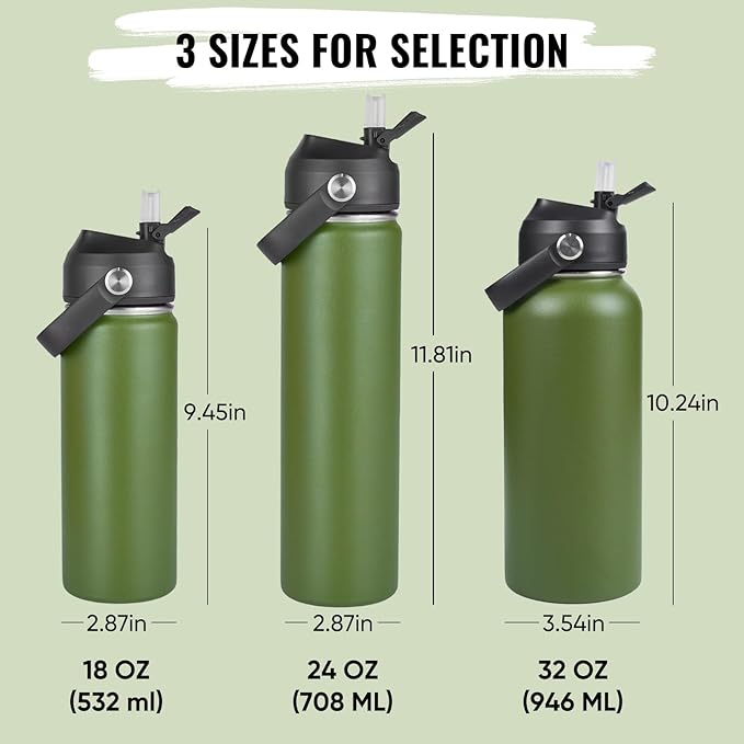 Fijinhom 18oz Insulated Stainless Steel Water Bottle, Wide Mouth Double Wall Vacuum, Silicone Straw, Sweat & Leak Proof, BPA Free Insulated Water Flask for Travel, Keep Cold 24h Hot 12h, Green