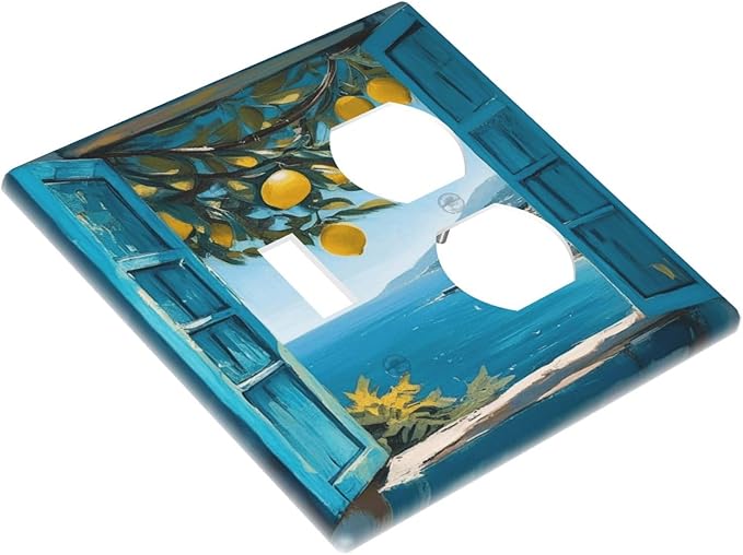 Decorative Art Light Switch Covers Seaside Window with Lemons 2 Gang Single Toggle Duplex Combination Electrical Faceplate Switchplate Wall Plate for Home Decor