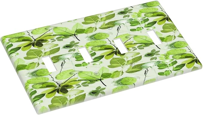 Green Leaves Spring Plant Floral Light Switch Covers Quad Toggle Electrical Faceplate 4 Gang Wall Plate Decorative Switch Plates for Bed Room Living Room Decor