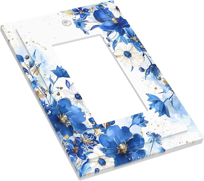 Klein Blue Flowers Watercolor Golden White Floral Decorative Outlet Covers 1 Gang Single Rocker Light Switch Cover Plate Wall Plates GFCI Faceplate for Bedroom Living Room Decor