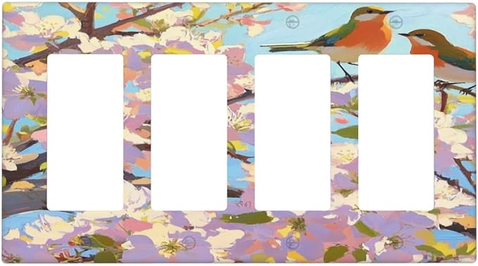 Bird Flower Quad Rocker Wall Plate Decorative 4 Gang Light Switch Covers Electrical Switchplate Home Decorate Faceplat for Bathroom Bedroom Kitchen Room 4.5 x 8 Inch