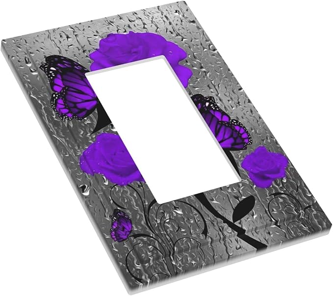 Purple Rose Flower with Butterfly in Rainy Day 1 Gang Rocker/Decor Outlet Light Switch Wall Plate Cover Faceplate Decorative Floral Rose Faceplate Purple Rose and Butterfly Girls Bathroom Decorate