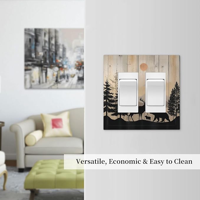 Decorative Outlet Covers Wood Board Wildlife Cute Bear Deer Forest Rustic 2 Gang Double GFCI Rocker Electrical Wall Panels Light Switch Cover Plate for Bathroom Farmhouse Decor