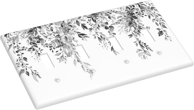 Light Switch Covers Grey Floral Plant Eucalyptus Leaf Flower Quad Toggle Electrical Faceplate 4 Gang Wall Plate Decorative Switch Plates For Bed Room Living Room Decor