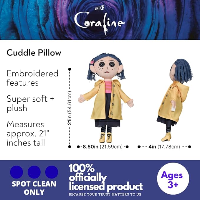 Coraline Cuddle Pillow Plush, Kids Bedding Super Soft Plush Pillow, (Officially Licensed Product) By Franco Collectibles
