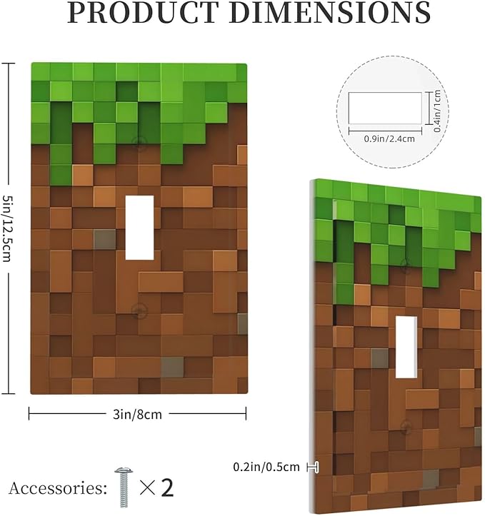 Pixel Style Gamer Themed Grass Block Decorative Light Switch Cover 1 Gang Single Toggle Device Electrical Faceplate Switchplates Decorator Outlet Wall Plate for Kids Room Office Home Decor
