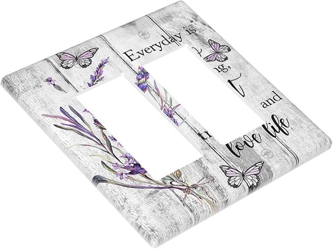 Outlet Covers Purple Lavender Flower Butterfly on Wood Plank 2 Gang Wall Plate Double Rocker Light Switch Cover Inspirational quotation Floral Decorative GFCI Receptacle Cover Electrical Switchplate