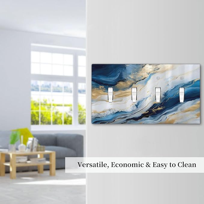 Abstract Blue Granite Luxury Watercolor Marble Texture Print Quad Toggle Light Switch Covers Decorative Unique 4 Gang Wall Plate Electrical Faceplate Switchplate for Bedroom Bathroom Decor