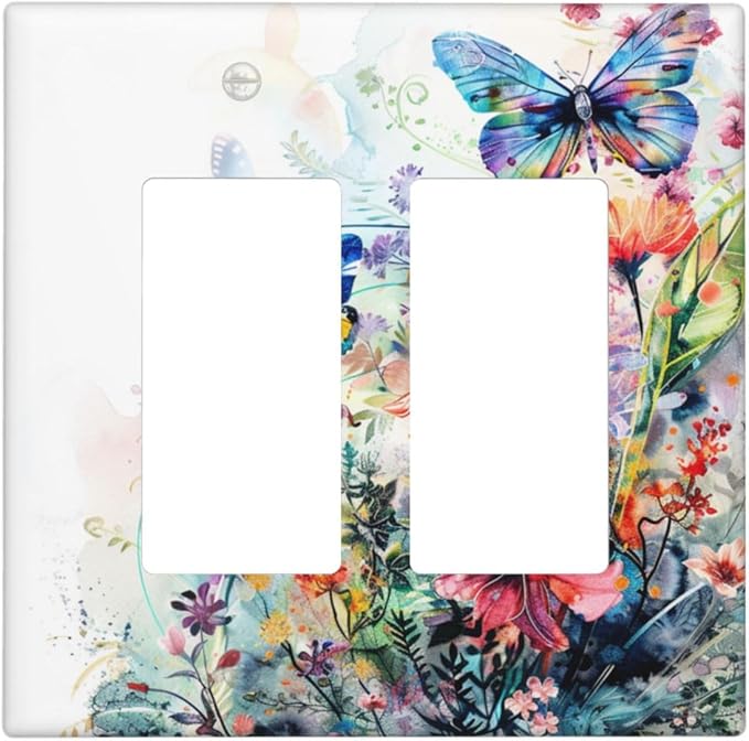 Light Switch Cover Watercolor Colorful Floral Butterflies Wildflowers 2 Gang Double Rocker Outlet Covers Decorative Switch plates Electrical Wall Plates GFCI Receptacle for Bathroom Bedroom