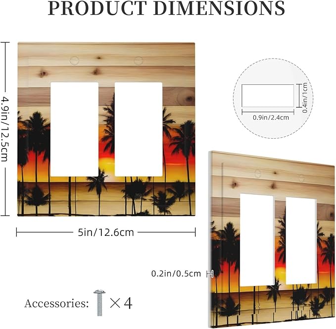 Sunset Beach Coconut Palm Tree Wooden Background Decorative Outlet Covers 2 Gang Double GFCI Rocker Electrical Wall Panels Light Switch Cover Plate for Bedroom Living Room Decor