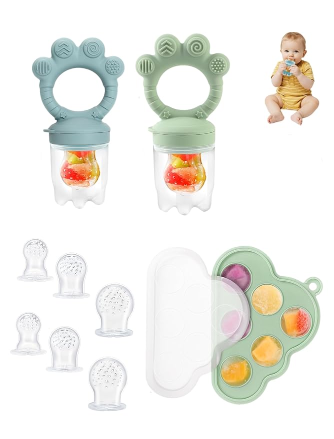 Baby Popsicle Molds & Food Feeder Set, Baby Fruit Feeder for Infant Teething Relief & Safe Infant Self Feeding 4 Months+ Starting Solids for Essentials (Green+Blue)