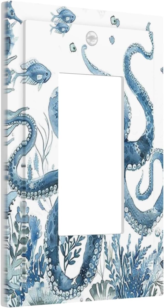 Blue Octopus Squid Seahorse Coral Watercolor Wild Sealife Decorative Outlet Covers 1 Gang Single Rocker Light Switch Cover Plate Wall Plates GFCI Faceplate for Bathroom Kids Room Decor
