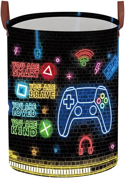 Gaming Laundry Basket,Gamer Decor for Boys Bedroom,Collapsible Neon Color Gamer Nursery Hamper,Waterproof Clothes Towel Toy Book Storage Bin for Dorm Nursery Bathroom(Round)