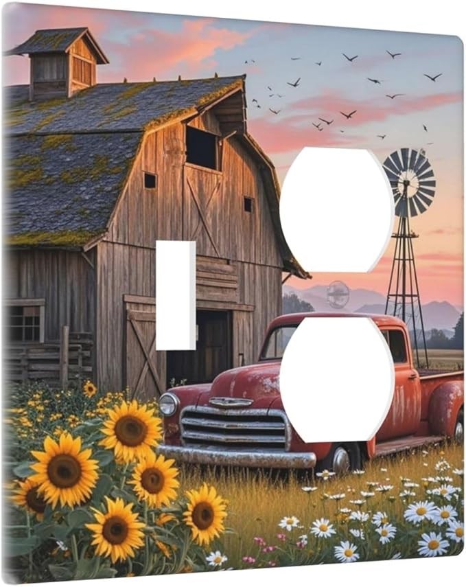 Rustic Barn Red Truck Windmill Sunflower Wallplates 1 Toggle 1 Duplex Switch Plate Electrical GFCI Faceplate Decorative Light Switch Covers for Farmhouse Home Decor