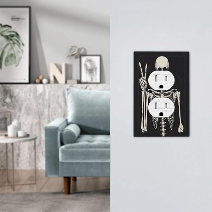 Outlet Covers Skeleton Skull Boho Hippie Dark Background 1 Gang Duplex Light Switch Cover Decorative Switch Plates Electrical Receptacle Faceplate Wall Plate For Cabin Office Decor