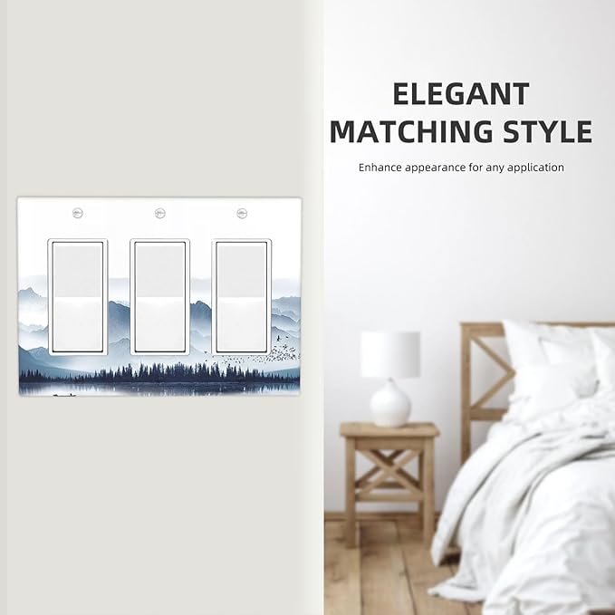 Light Switch Covers Mountain Foggy Lake Boat Grey Blue Forest Birds 3 Gang Rocker Electrical GFCI Decorative Triple Outlet Wall Plate Cover Switchplate for Bedroom living Room Decor