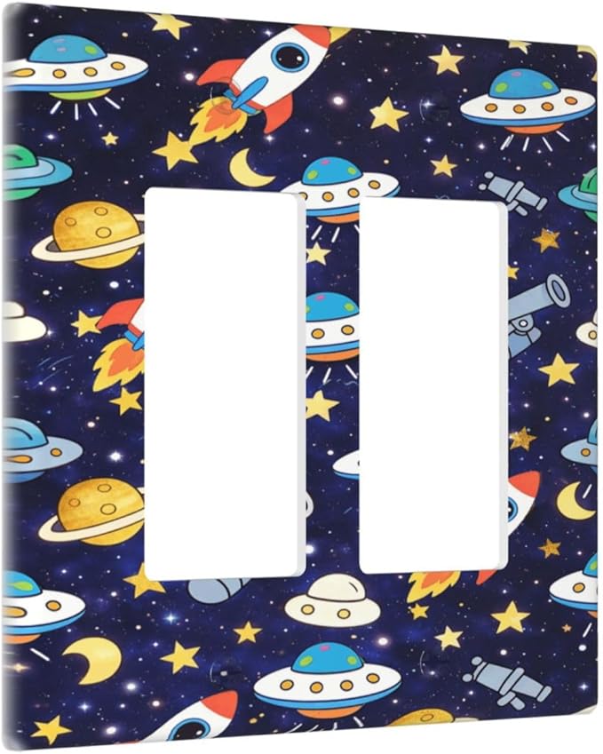 Decorative Outlet Covers Blue Space-themed Rocket Spaceship 2 Gang Light Switch Cover Plate Double Rocker Wall Plates for Electrical Outlets Switch Plate Covers for Children's Room Decor
