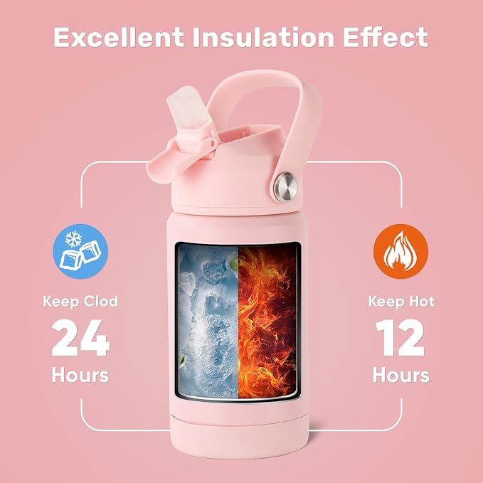12 oz Water Bottle, 2 pack Kids Water Bottles for School, Toddler Water Bottle with Straw & Handle, 304 Stainless Steel Insulated Water Bottle, Non-slip Silicone Base, BPA Free, Pink Two Piece