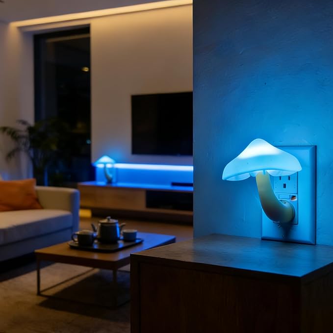 AUSAYE 2Pack Sensor LED Night Light Plug in Lamp Mushroom Nightlight Cute Night Lights for Adults Kids Bedroom, Bathroom,Toilet,Hallway,Stairs,Kitchen Blue