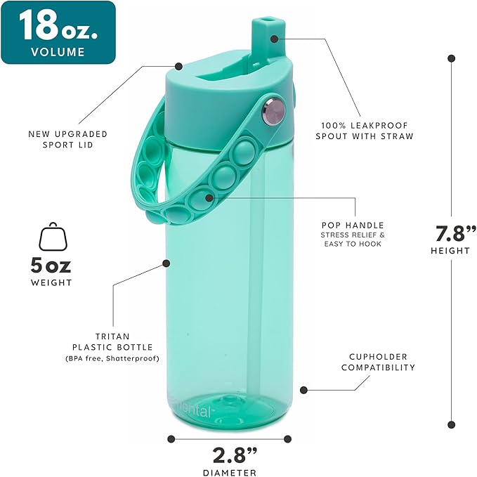 Elemental Water Bottles for Kids - Splash Kids Water Bottle for School with Pop-it Handle - BPA Free Tritan Plastic Water Bottle with Straw Leak Proof when Spout is Closed - Robin's Egg - 18oz