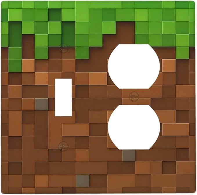 Pixel Style Gamer Themed Grass Block Wallplates 1 Toggle 1 Duplex Switch Plate Electrical GFCI Faceplate Decorative Light Switch Covers for Kids Room Office Home Decor