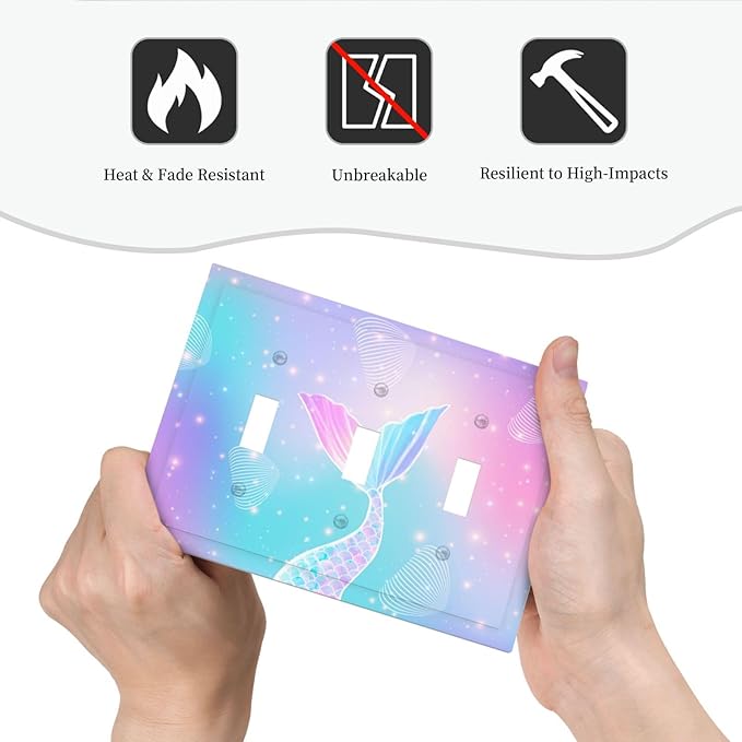 Mermaid 3 Gang Light Switch Cover Rainbow Tail Scales Jelly Fish Triple Toggle Wall Plate Decorative Electrical Switchplates Faceplate for Nursery Girls Boys Room Kids Room Decor