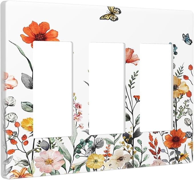 Colorful Butterfly Blossom Flower Floral Triple Decorator Light Switch Cover 3 Gang GFCI/Rocker Wallplate Decorative Electrical Faceplate Switchplate Dimmer Screwless