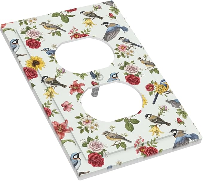 Vintage Birds & Blooms Duplex Wall Plate - 1-Gang Standard US Size English Countryside Chintz Outlet Covers, Botanical Floral & Songbird for Bedroom Decor