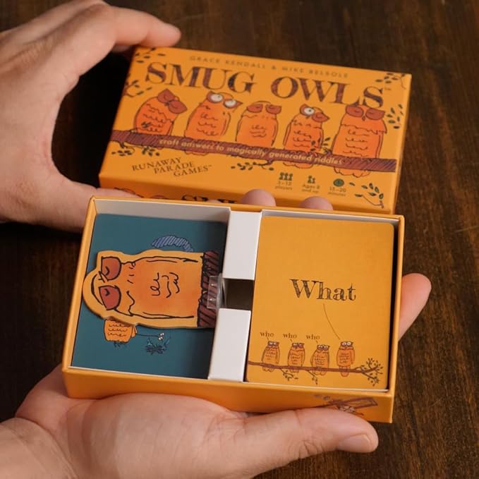 Runaway Parade Games Smug Owls Card Game - an Award-Winning Hilarious & Creative Riddle-Solving Party Game for Kids and Adults | Fun for the Whole Family | 8+ | 15-20 min | 3-15 Players