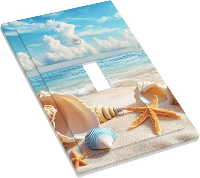 Beach Coastal Seashore Sea Starfish Shell Sand Decorative Light Switch Cover 1 Gang Single Toggle Device Electrical Faceplate Switchplates Decorator Outlet Wall Plate for Bathroom Home Decor