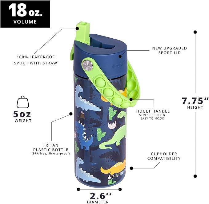Elemental Leak Proof Water Bottles for Kids - Splash Kids Water Bottle for School with Pop-it Handle - Tritan Plastic Water Bottle with Straw - Space & Dinosaur - 18oz (2 Pack)