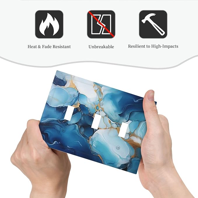 Decorative Light Switch Plate Covers Artistic Abstract Blue Marble Gold Line Painted 3 Gang Wall Plate Switch Cover Plate Triple Toggle Jumbo Electrical Faceplate for Bathroom Decor