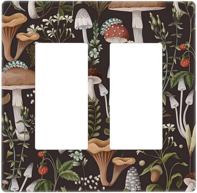 Vintage Boho Hippie Plant Mushroom 2 Gang Double Rocker/Decora Light Switch Cover Decorative Outlet Wall Plate Electrical Faceplate Home Family Art Decor Screwless