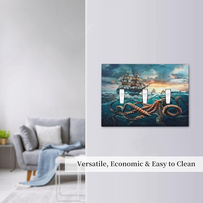 Light Switch Cover Plate Sailboat Ship Octopus Ocean Sea Waves 3 Gang Triple Toggle Decorative Switch Plates Wall Plates Electrical Switchplate Faceplate for Bathroom Bedroom Decor